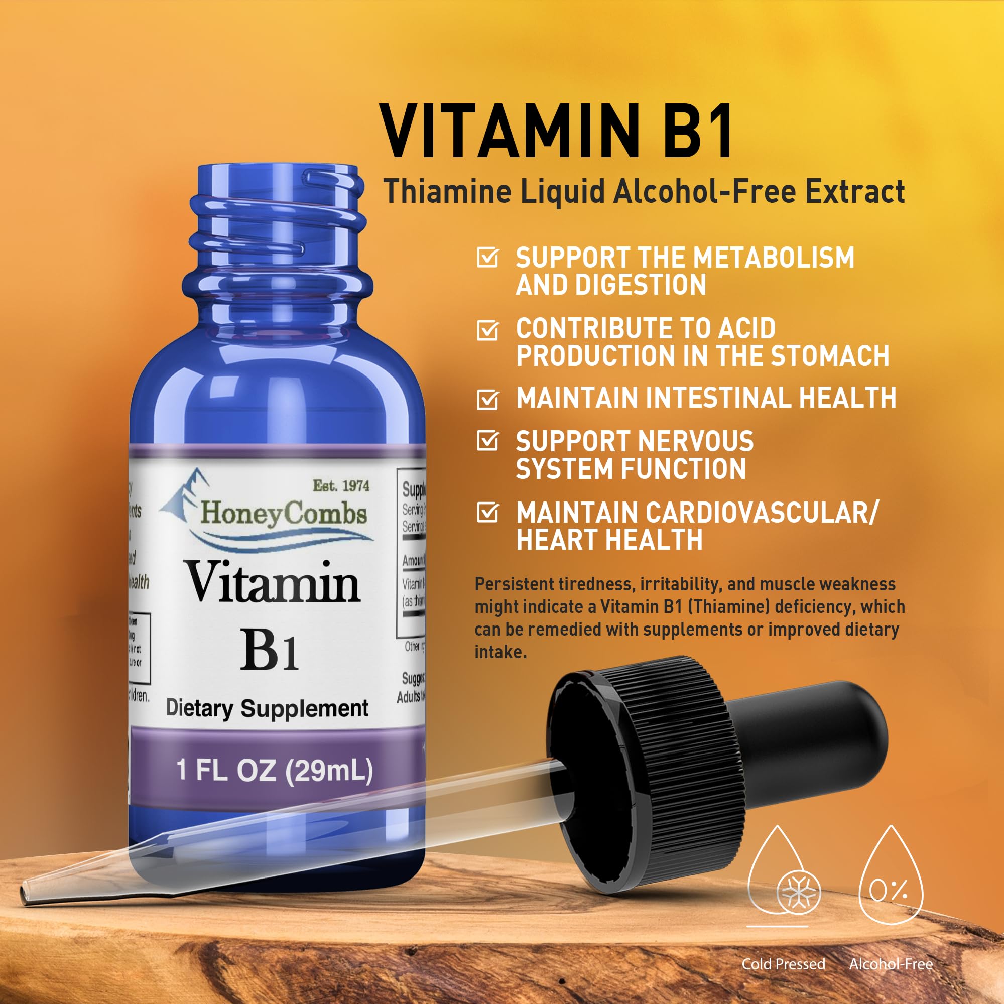 HoneyCombs Vitamin B1 label emphasizes vegan and natural formulation.