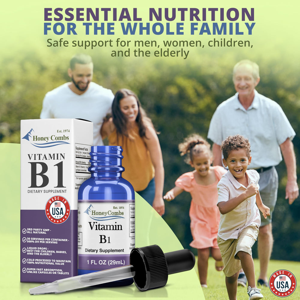 Pouring HoneyCombs Vitamin B1 drops into a glass demonstrates versatile daily supplementation.
