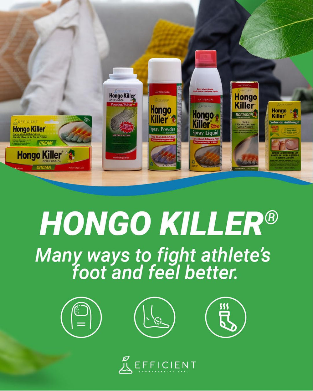 Hongo Killer powder fights fungal symptoms to keep feet dry.