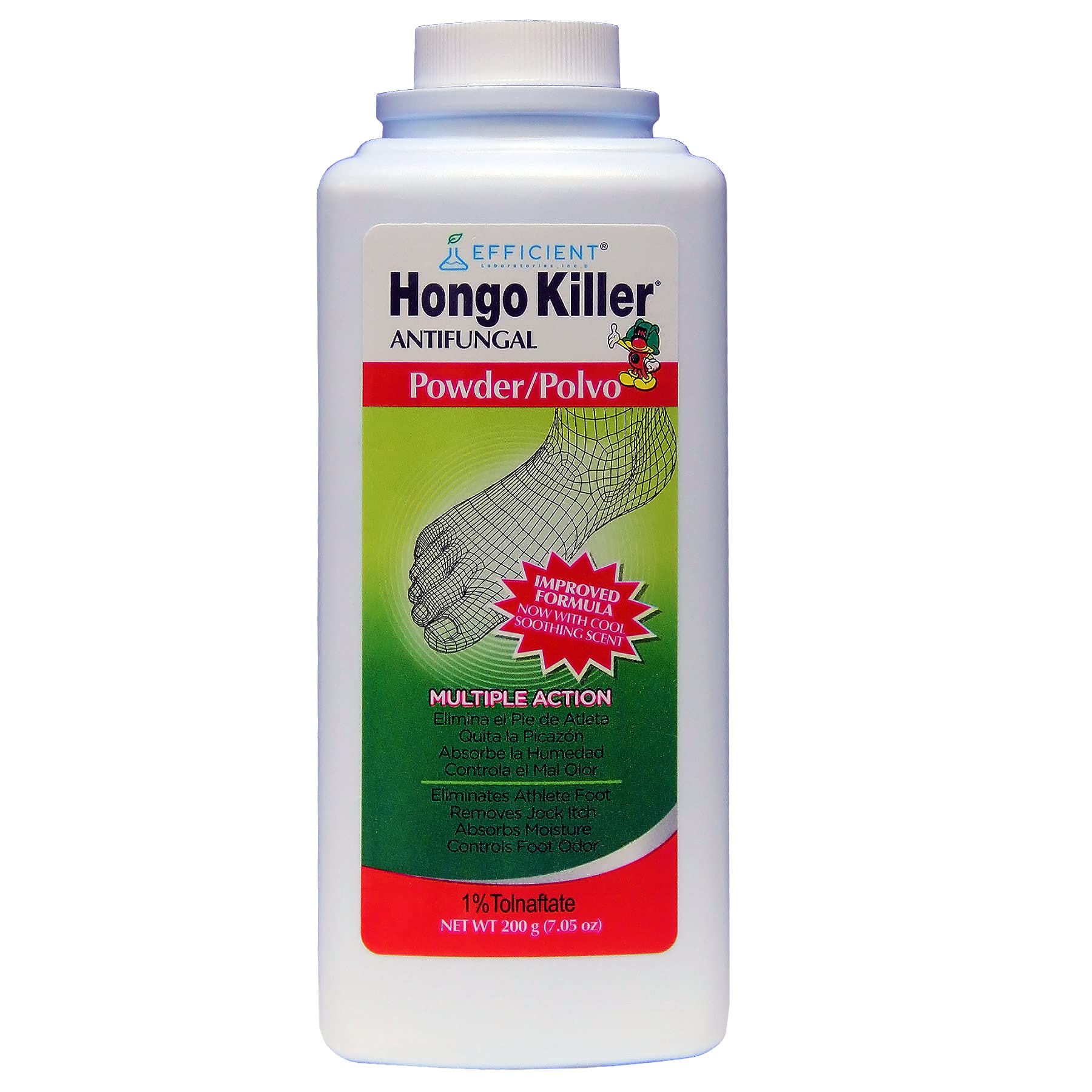 Hongo Killer powder being sprinkled on clean feet for moisture absorption.