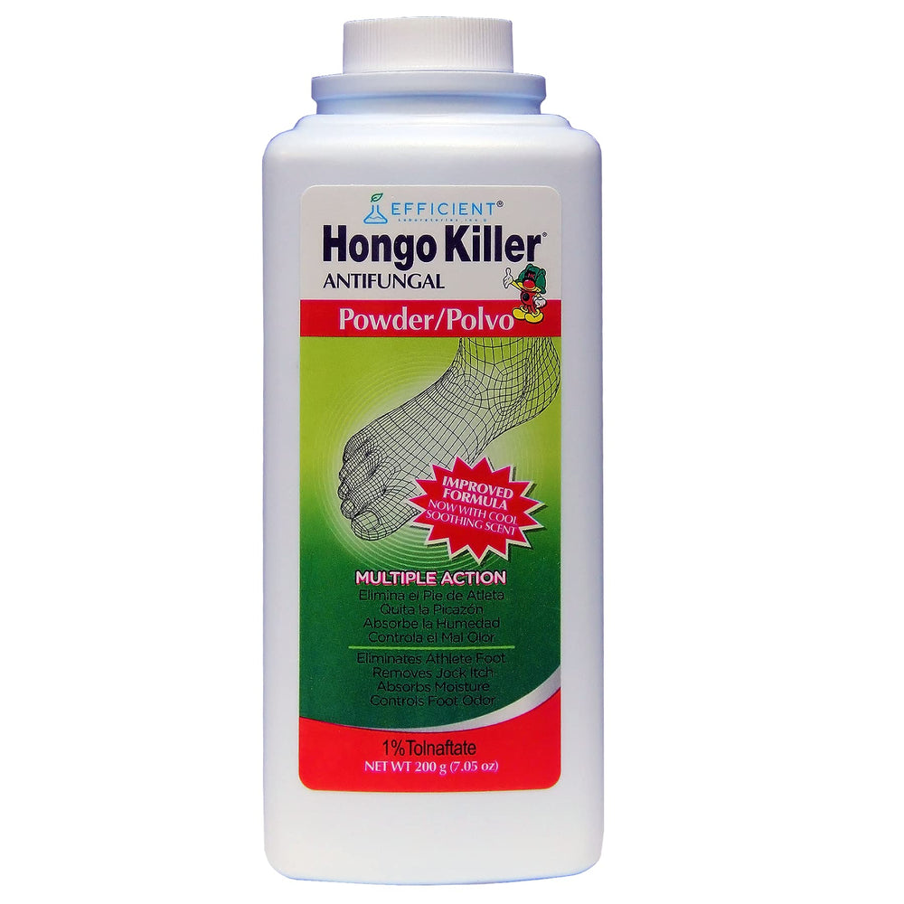 Hongo Killer powder being sprinkled on clean feet for moisture absorption.