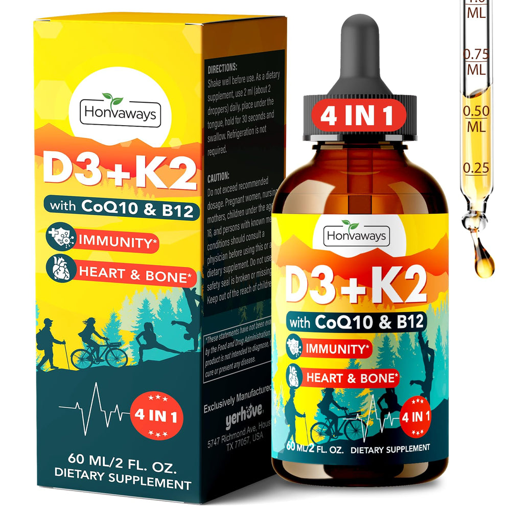 Honvaways Vitamin D3 K2 drops bottle highlighting bone and immune support.
