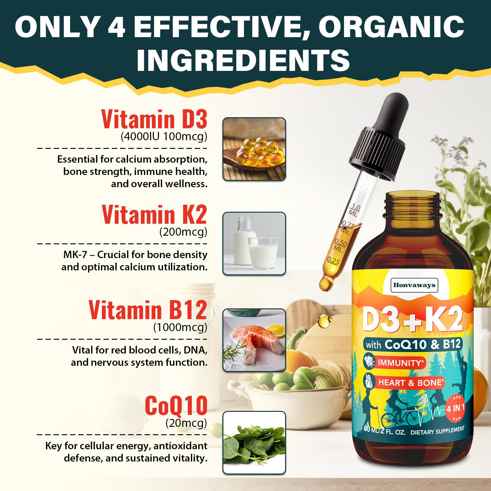 Honvaways Vitamin D3 K2 MK-7 label emphasizing calcium utilization support.