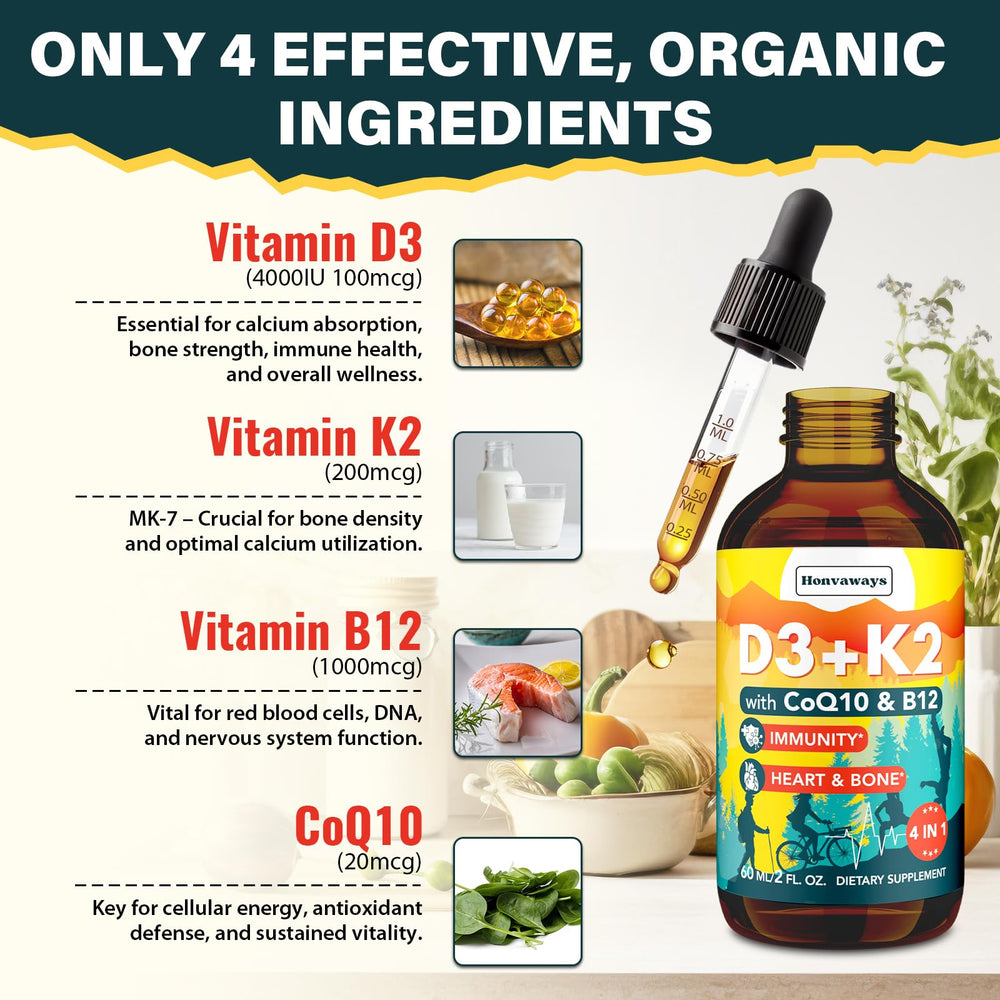 Honvaways Vitamin D3 K2 MK-7 label emphasizing calcium utilization support.