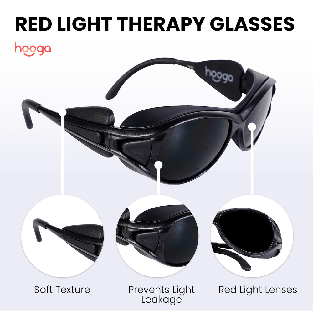 Hooga near infrared brightness reduction glasses minimize glare during sessions.