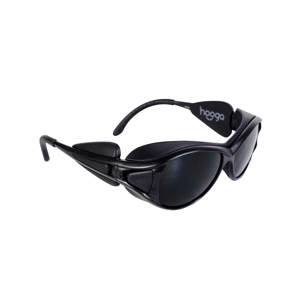 Hooga red light protective glasses with a polycarbonate lens protect eyes during therapy.