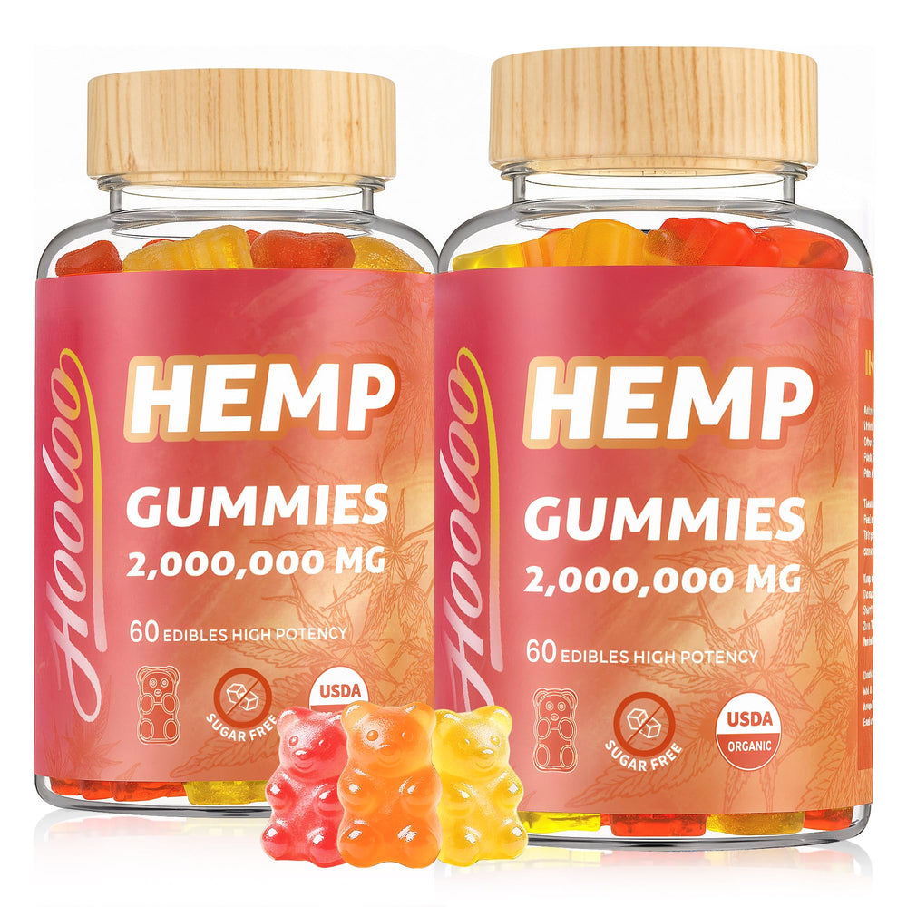 HOOLOO hemp gummies orange bottle front, showcasing natural flavors and zero sugar.