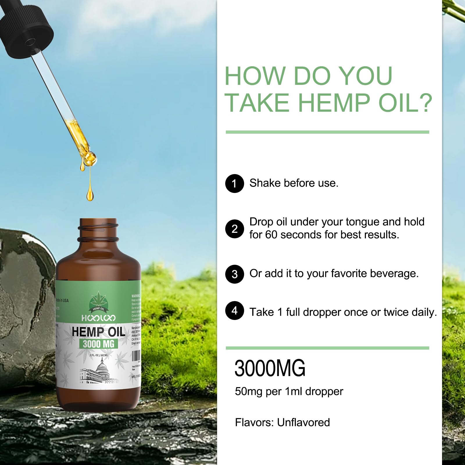 HOOLOO hemp oil ingredients shown as allergen-free options for sensitive users.