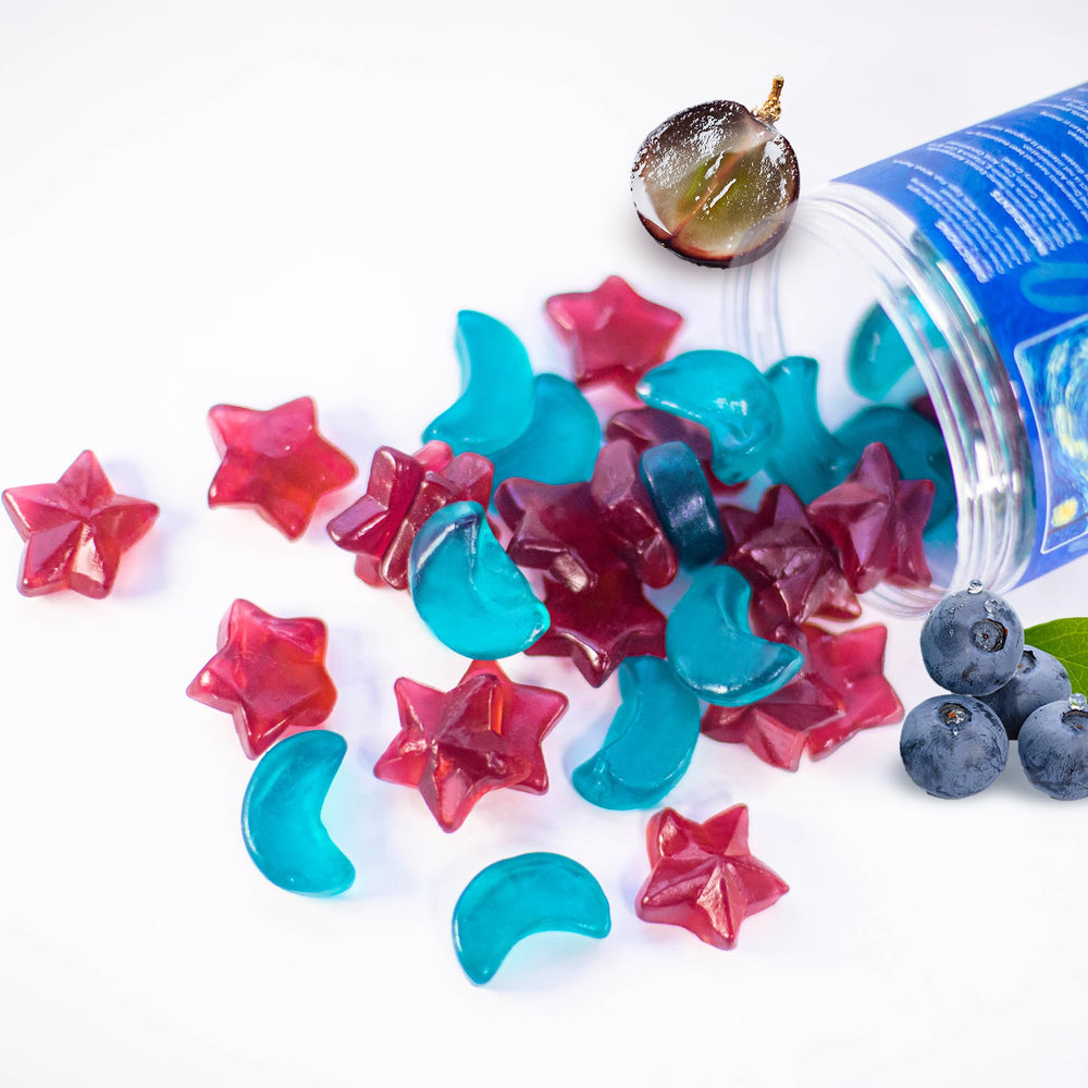 Close-up of HOOLOO Blueberry Grape gummies highlighting tasty flavor.