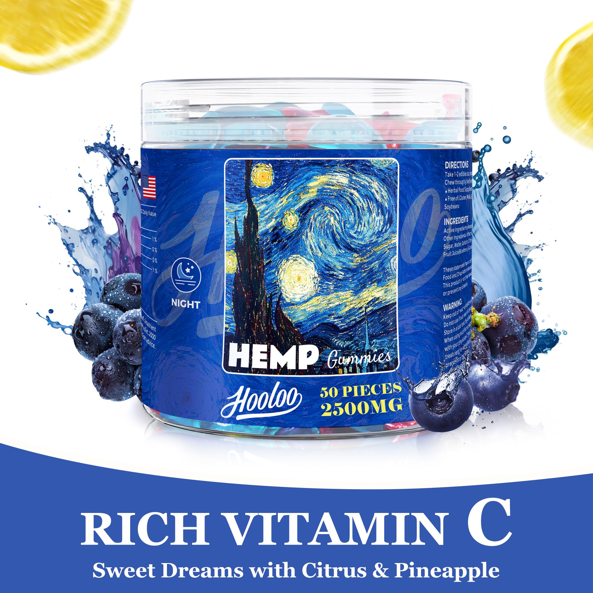 Packaging box for HOOLOO Hemp Gummies Blueberry Grape emphasizes premium ingredients.