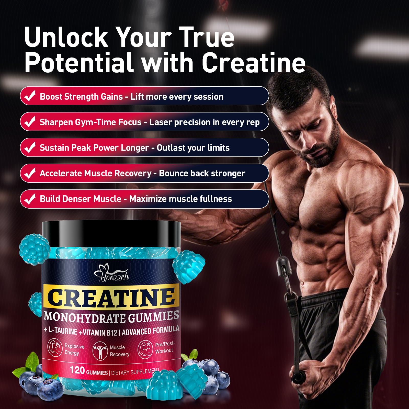 Hoozzch Creatine Gummies gluten-free vegan label appeal for clean fueling.