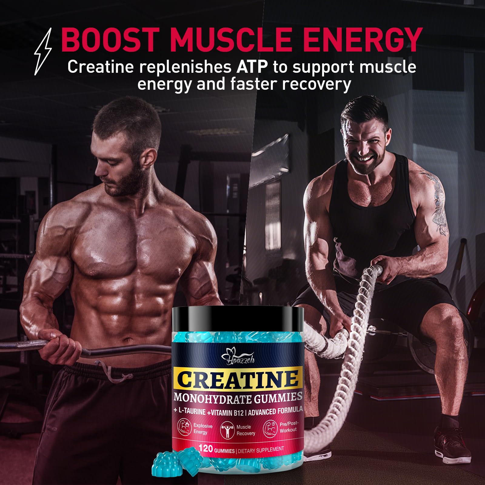 Hoozzch Creatine Gummies ingredients spotlight plant-based gluten-free base.