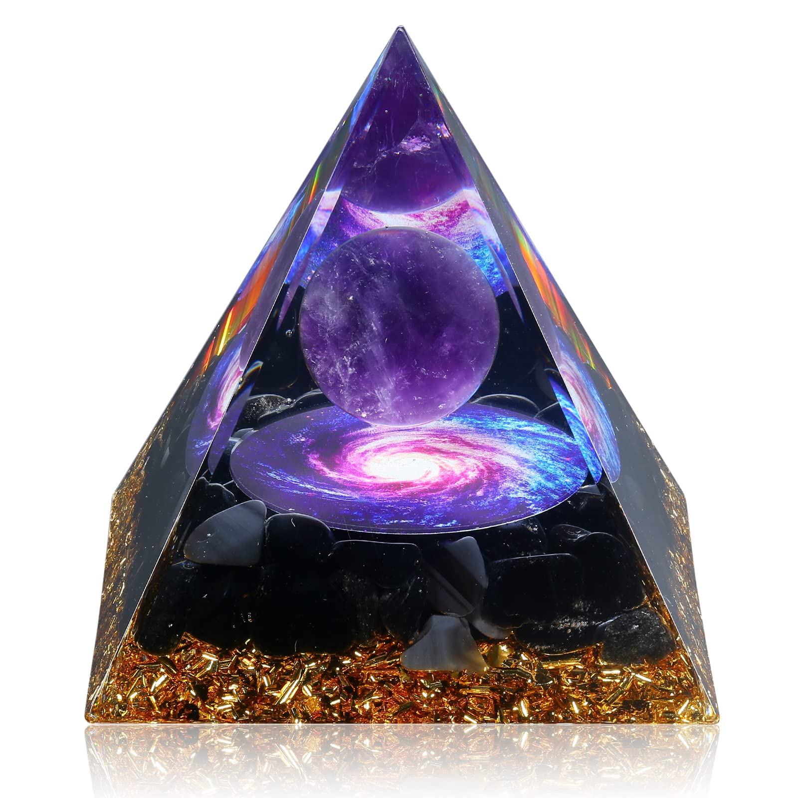 Hopeseed Orgone Pyramid with amethyst and obsidian promotes calm energy and focus.