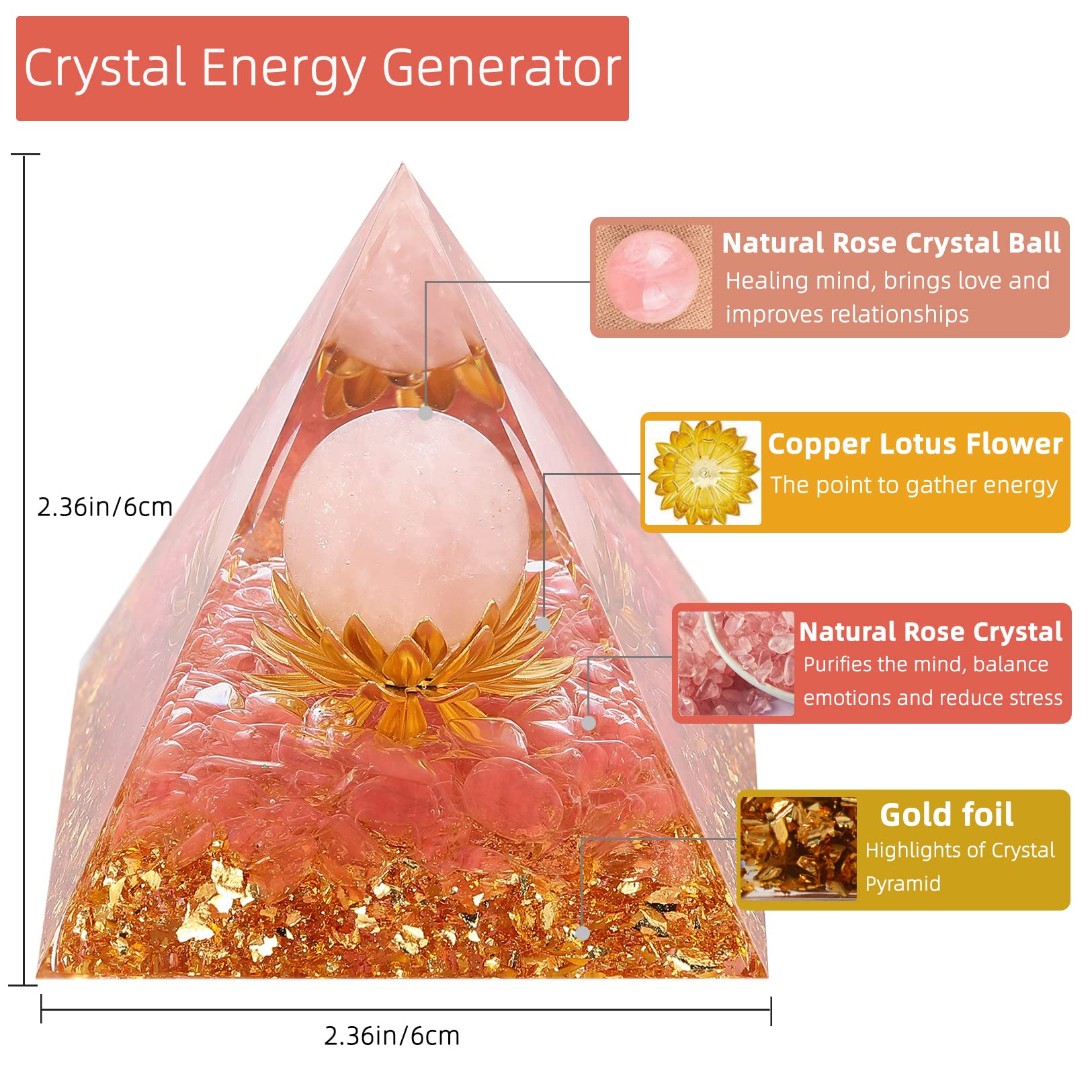 Hopeseed orgone pyramid rose quartz crystal enhances love and emotional balance
