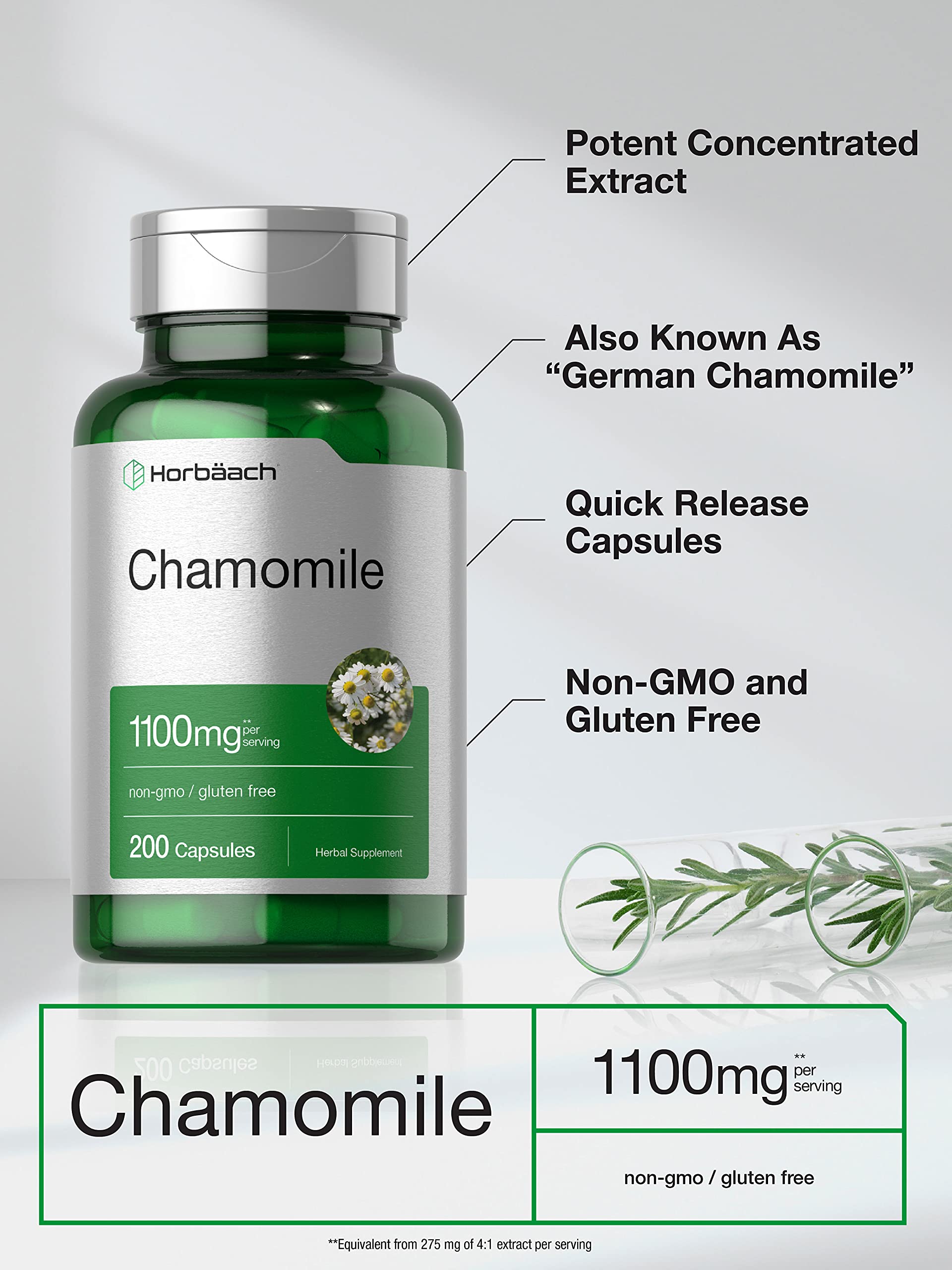 Horbäach 1100mg capsules; potent serving size for convenient daily use.