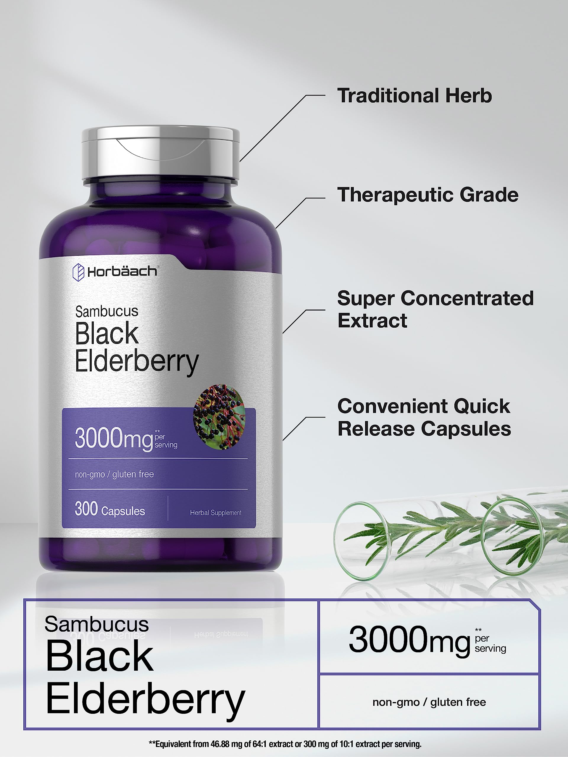 Horbäach 3000 mg elderberry per serving display suggests high potency