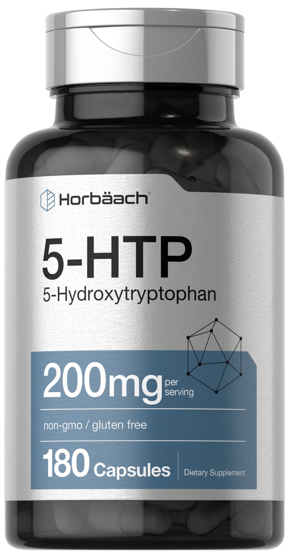 Horbäach 5HTP 200mg bottle front with non-GMO and gluten-free details.