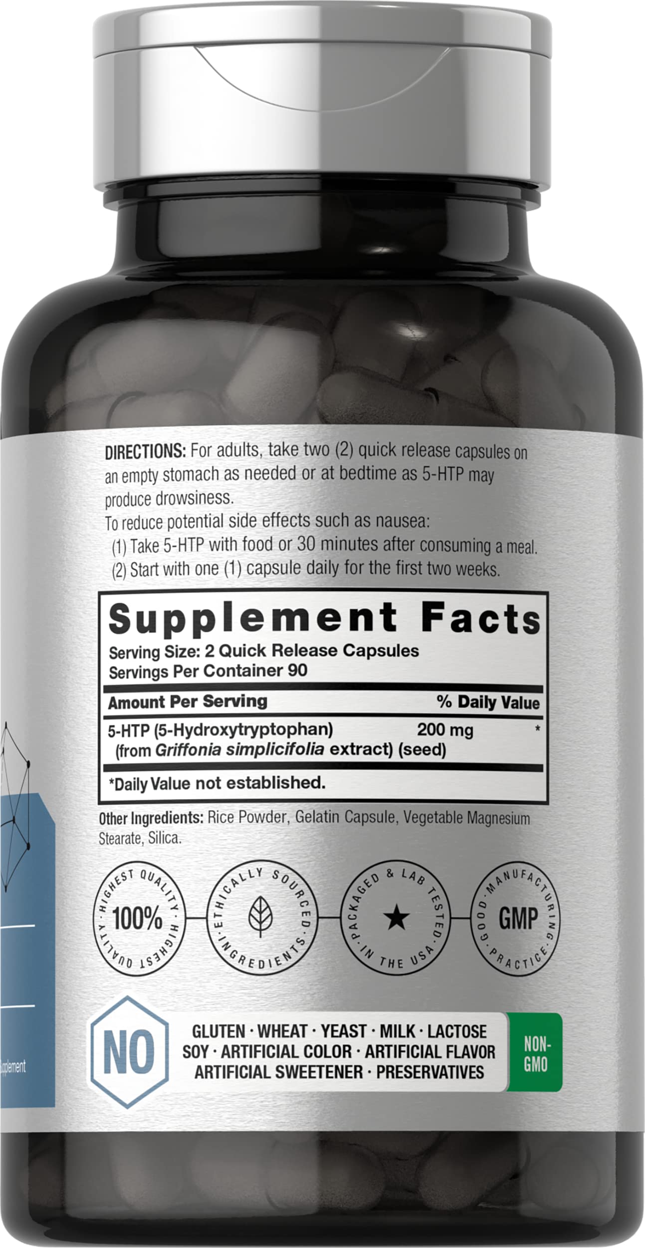 Horbäach 5HTP capsules close-up highlighting quick-release capsules for daily use.