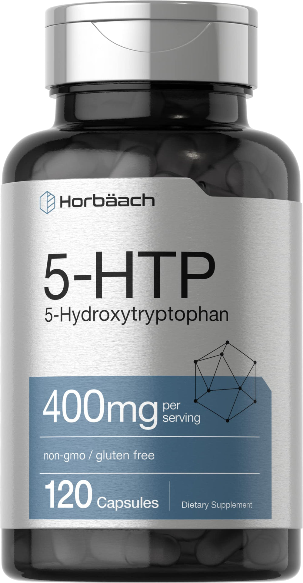 Horbäach 5HTP 400mg capsules bottle focused on daily wellness.