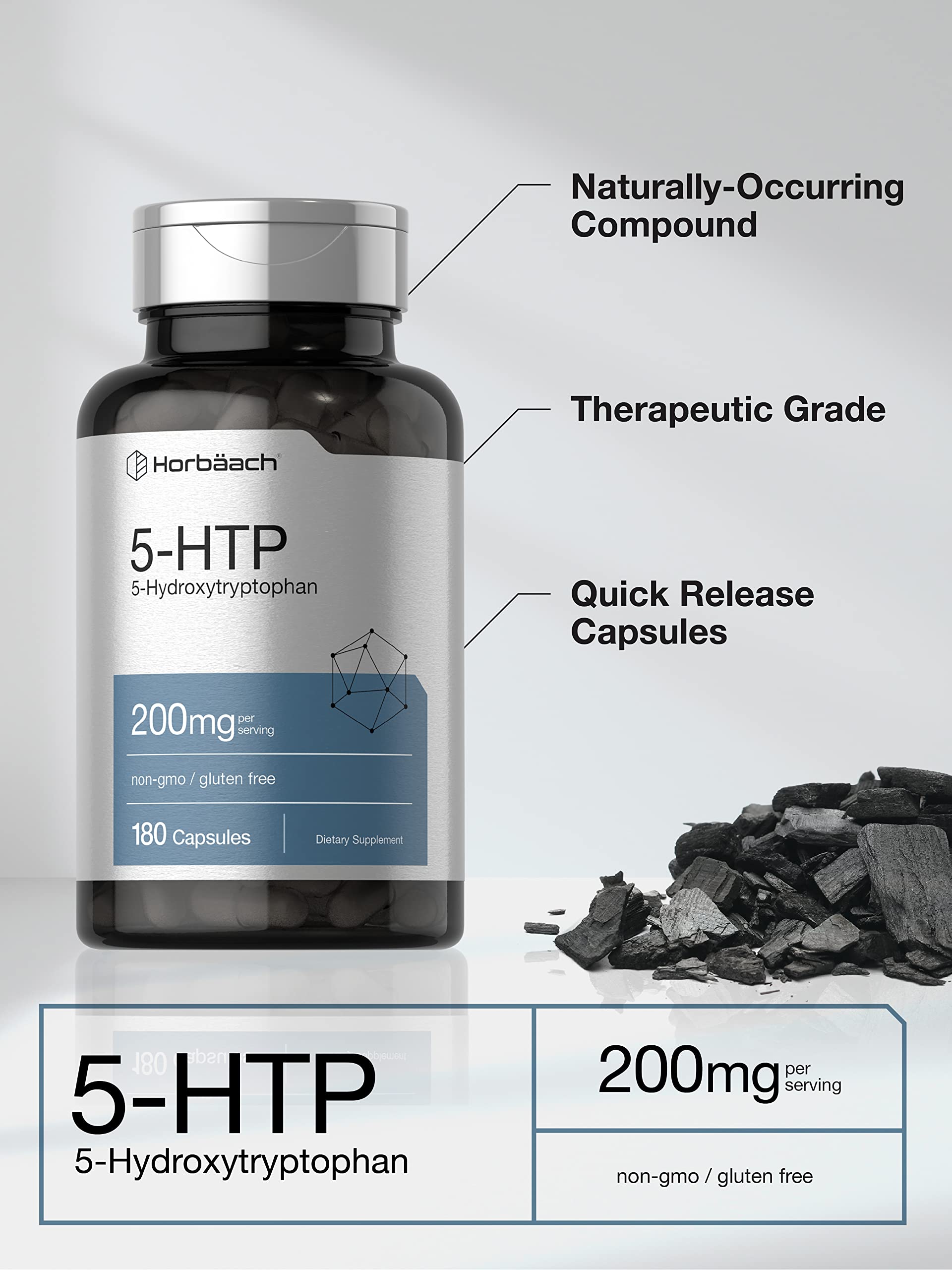 Horbäach 5HTP label and bottle highlighting Griffonia seed extract origin.