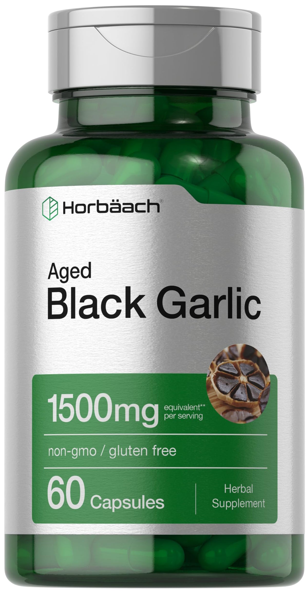 Horbaach Aged Garlic Extract cápsulas frente, uso diario suave.