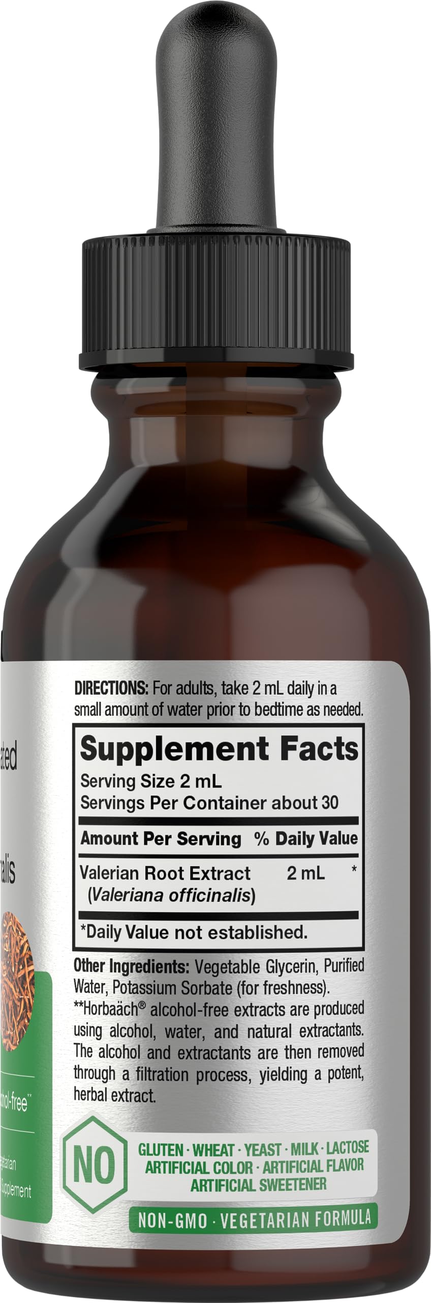 Horbäach alcohol-free liquid extract dropper dispensing soothing formula at night.
