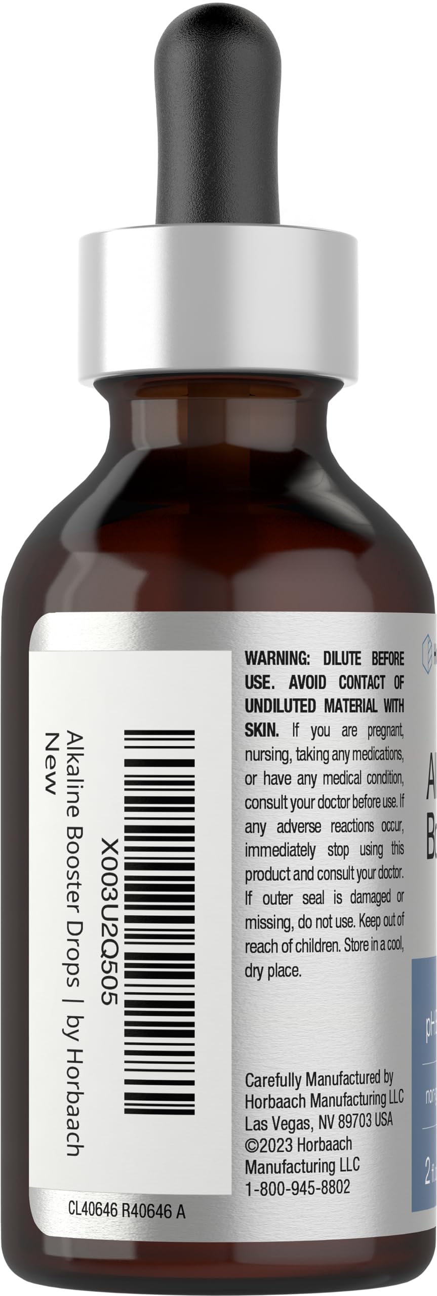 Close-up of Horbaach Alkaline Water Drops label showing purity and ingredients
