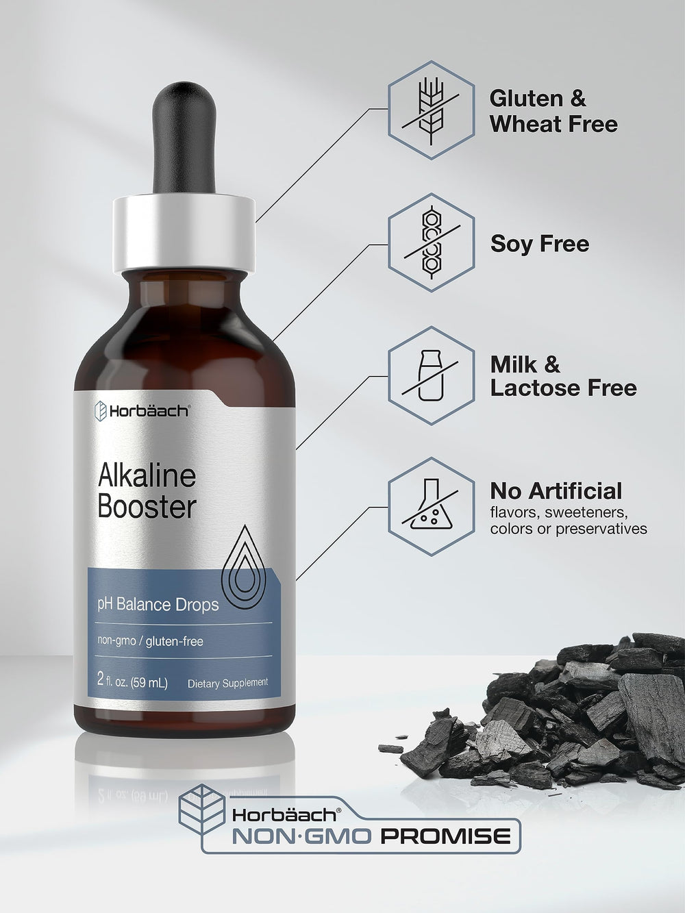 Front packaging of Horbaach Alkaline Water Drops highlighting non-GMO and mineral blend