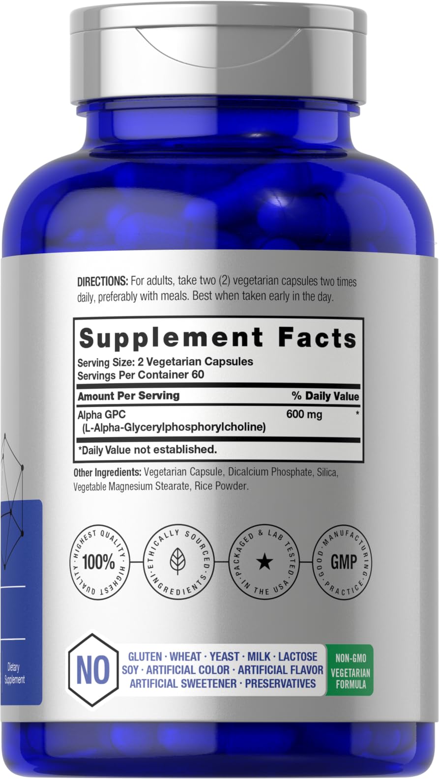 Close-up of Horbäach Alpha GPC 600mg capsules for daily focus support
