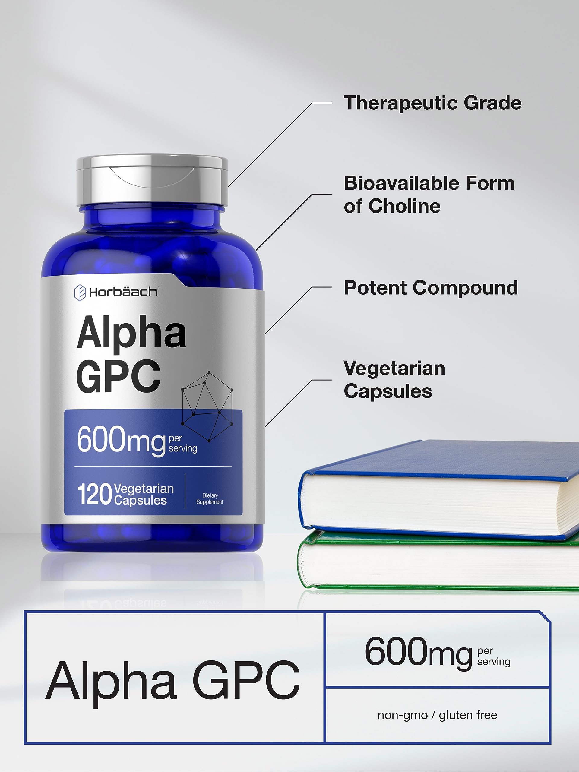 Label view showing gluten-free and non-GMO claims for Horbäach Alpha GPC