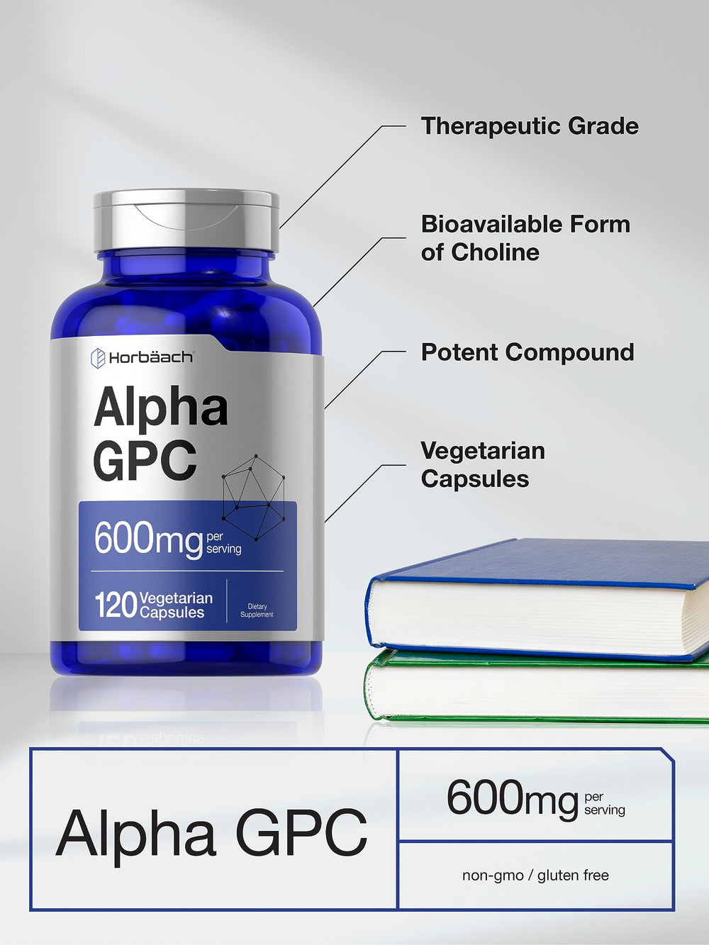 Label view showing gluten-free and non-GMO claims for Horbäach Alpha GPC