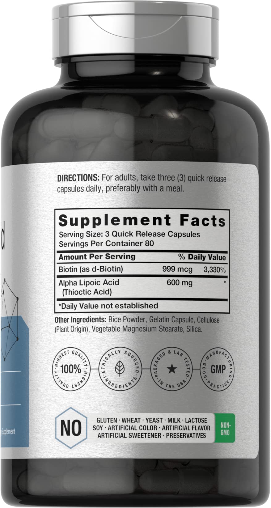 Close-up of Horbaach Alpha Lipoic Acid 600mg capsules for easy daily intake.
