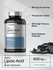 Horbäach Alpha Lipoic Acid 600mg label close-up highlighting gluten-free, non-GMO ingredients.