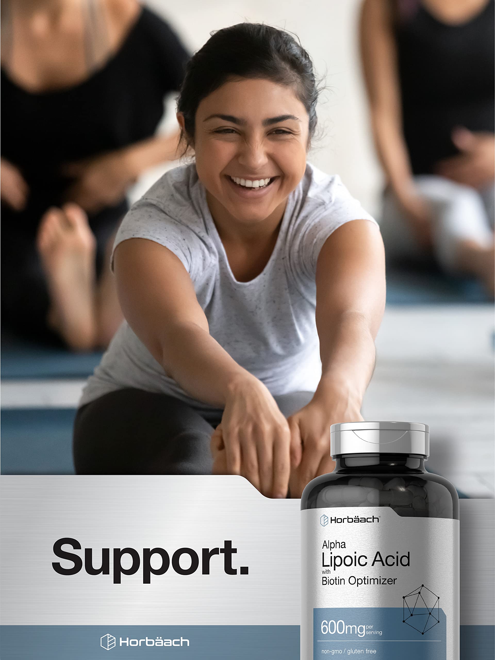 Purity seal on Horbaach Alpha Lipoic Acid 600mg indicating lab-tested quality.