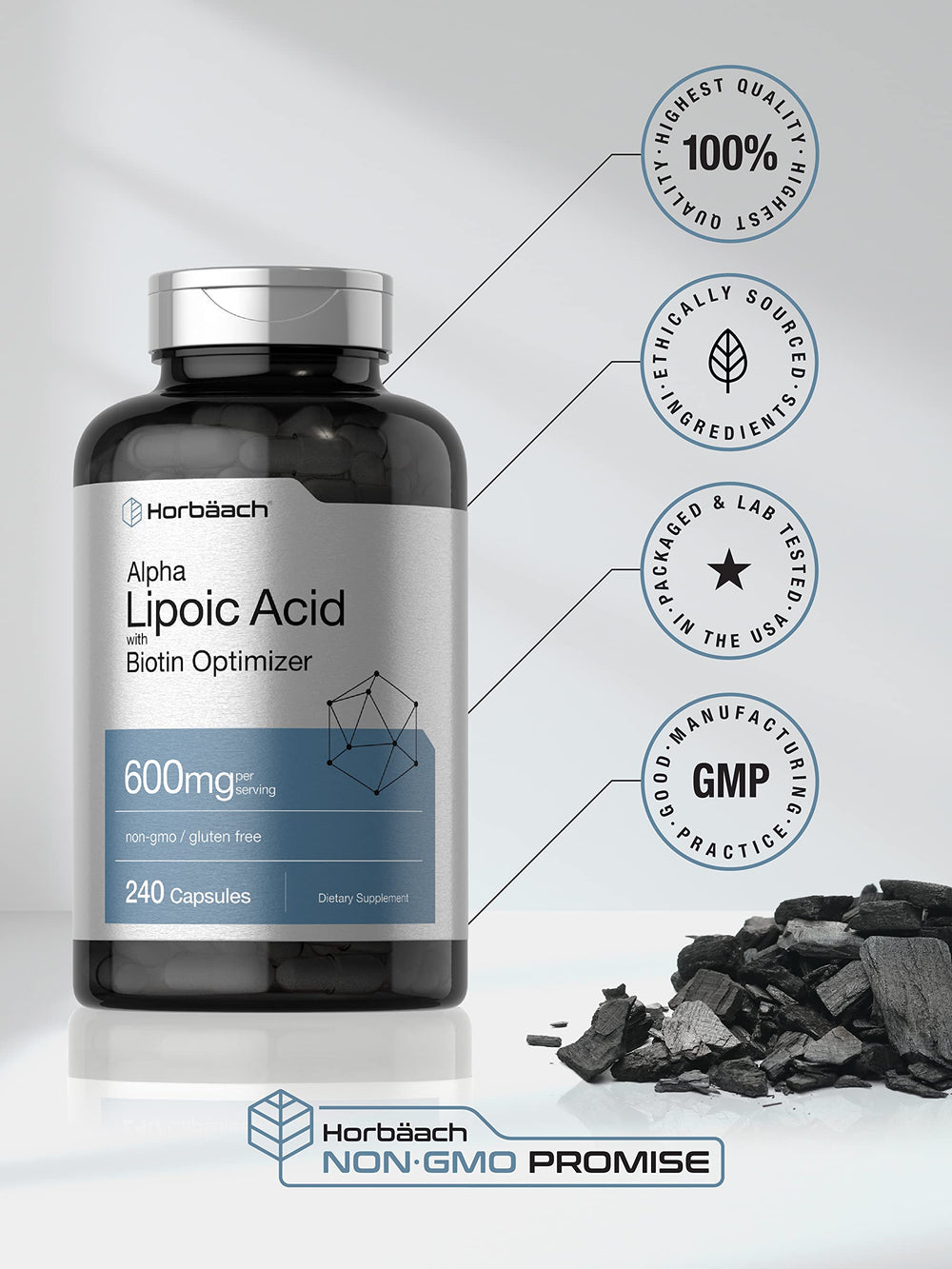 Serving scenario showing Horbaach Alpha Lipoic Acid 600mg in daily routine.