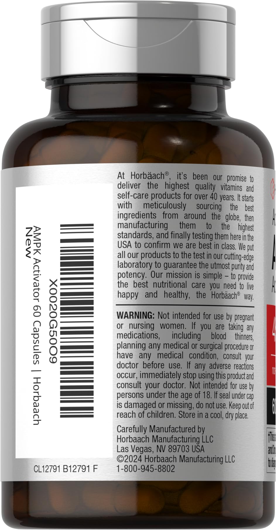 Horbäach AMPK Metabolic Activator bottle back label detailing ingredients.