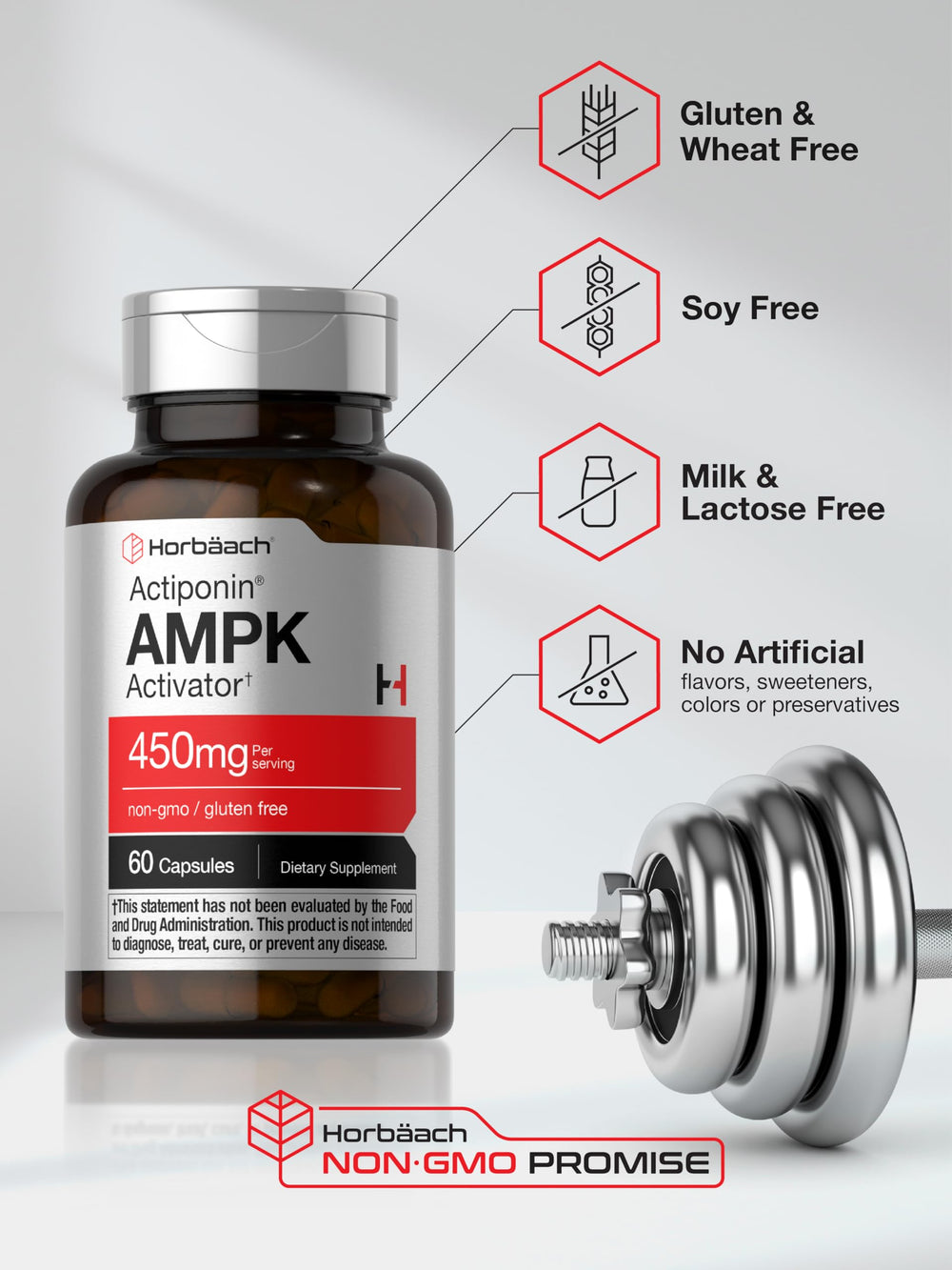 Horbäach AMPK Metabolic Activator label reveals gluten-free and non-GMO notes.