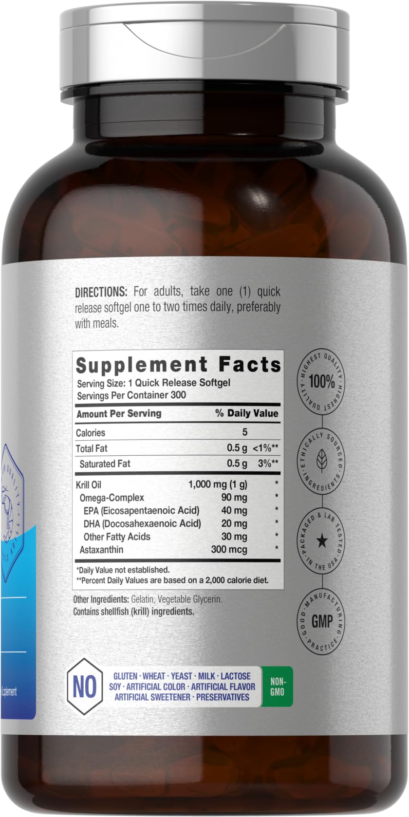 Horbaach Krill Oil softgels label showing EPA, DHA and astaxanthin