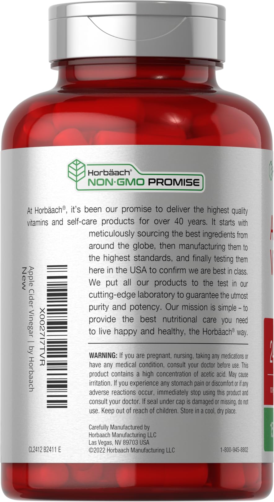 Horbäach Apple Cider Vinegar Capsules label shows gluten-free and non-GMO attributes