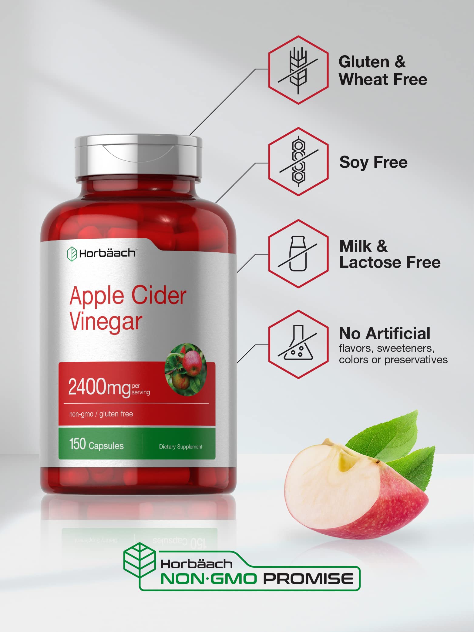Horbäach Apple Cider Vinegar Capsules serving size detail highlighting 2400 mg per serving