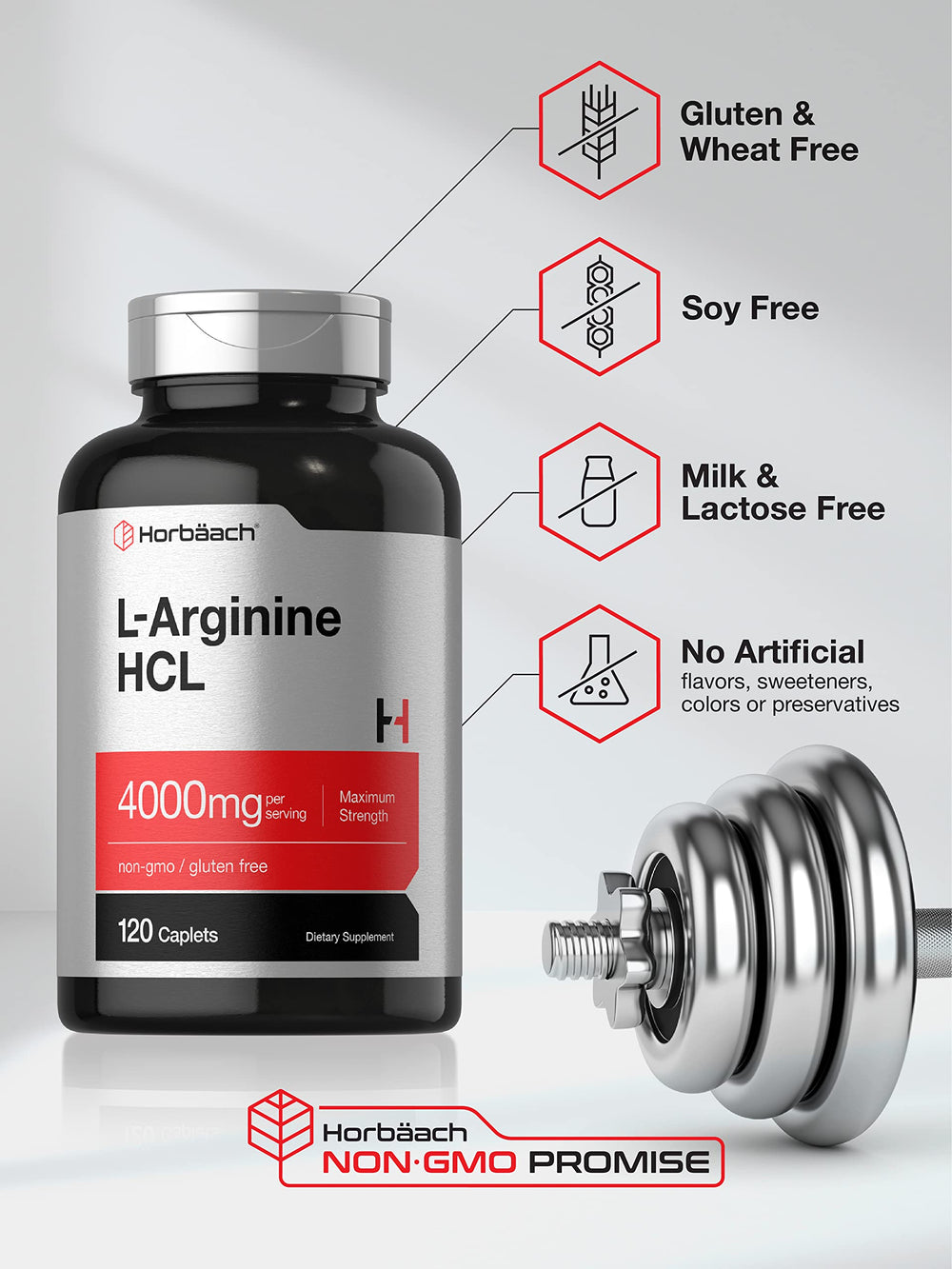 Horbäach L-Arginine 4000mg bottle back info for easy ingredient verification and serving size.