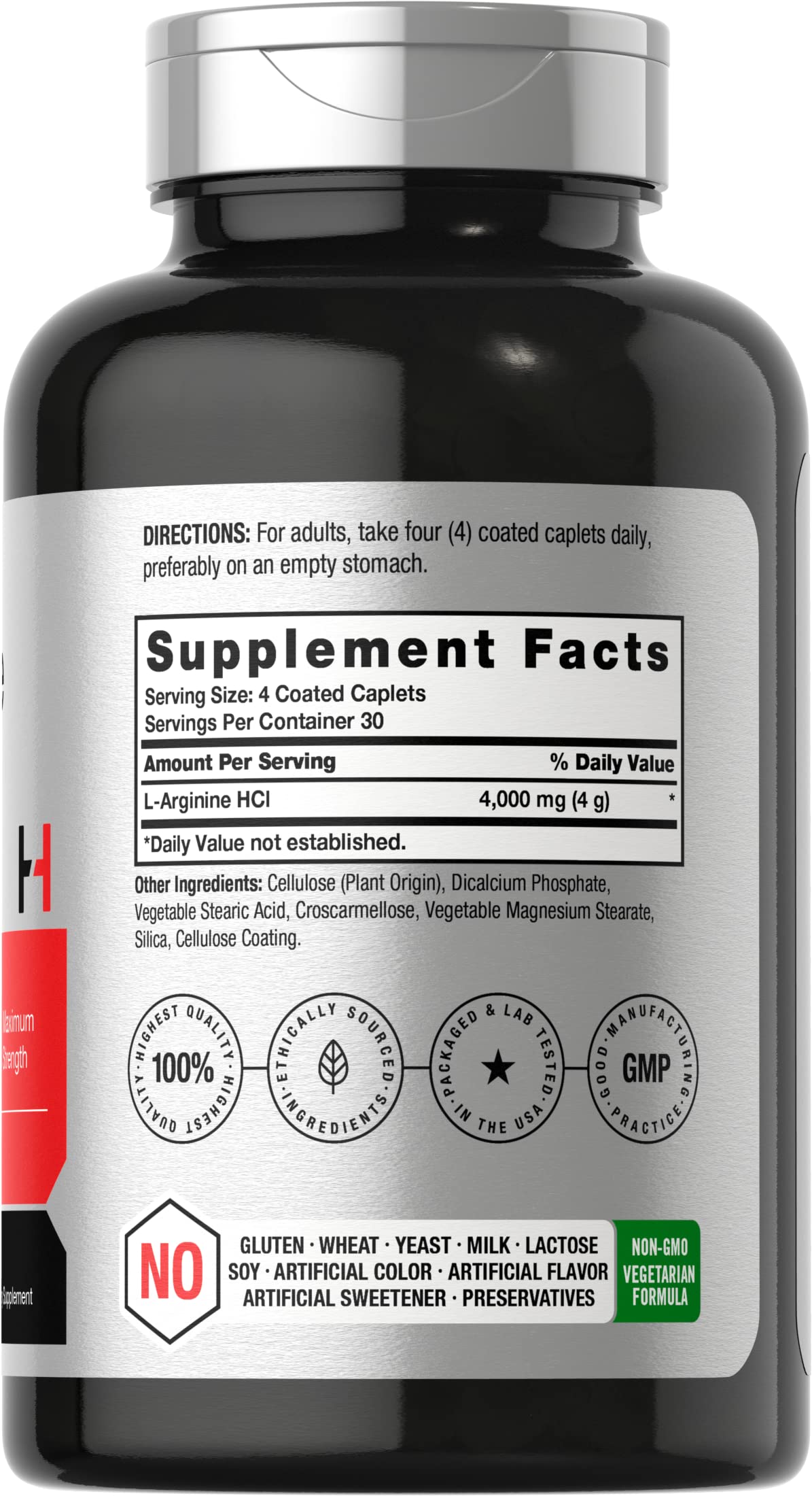 Horbäach L-Arginine 4000mg caplets close-up highlighting high-strength vegetarian formula.