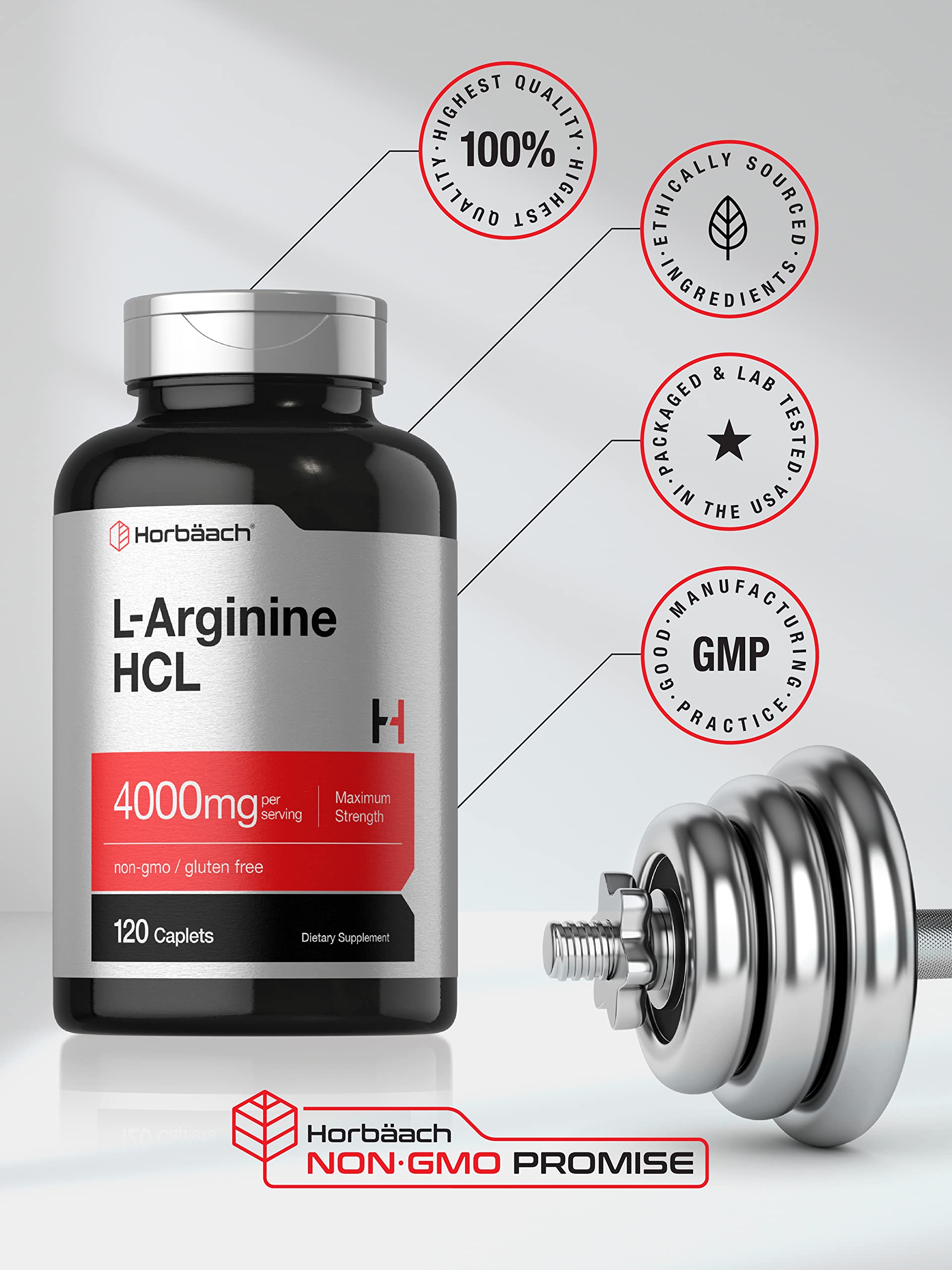 Horbäach L-Arginine 4000mg ingredient panel showcasing premium free-form amino acids.