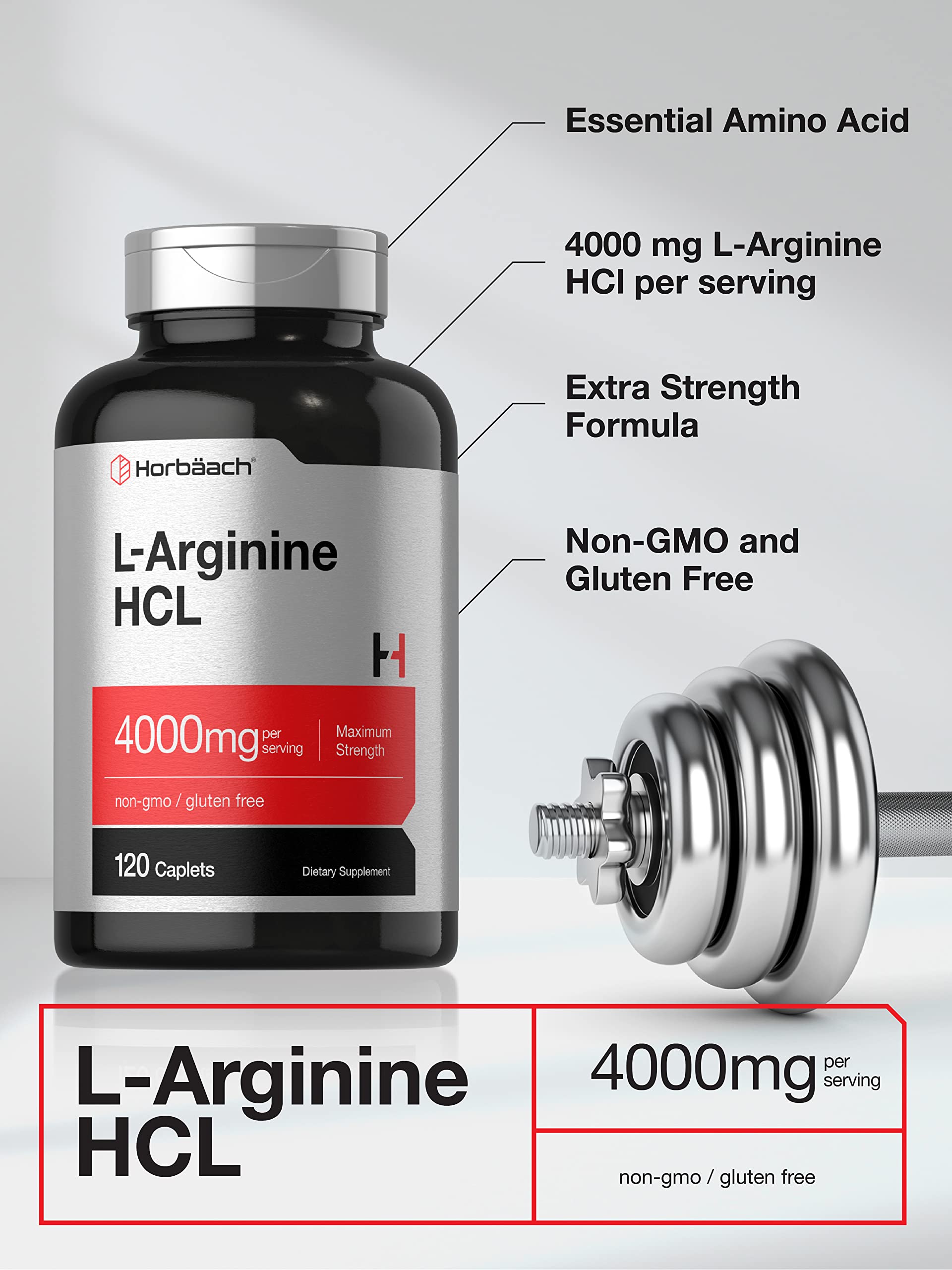 Horbäach L-Arginine 4000mg bottle label details including gluten-free and non-GMO notes.