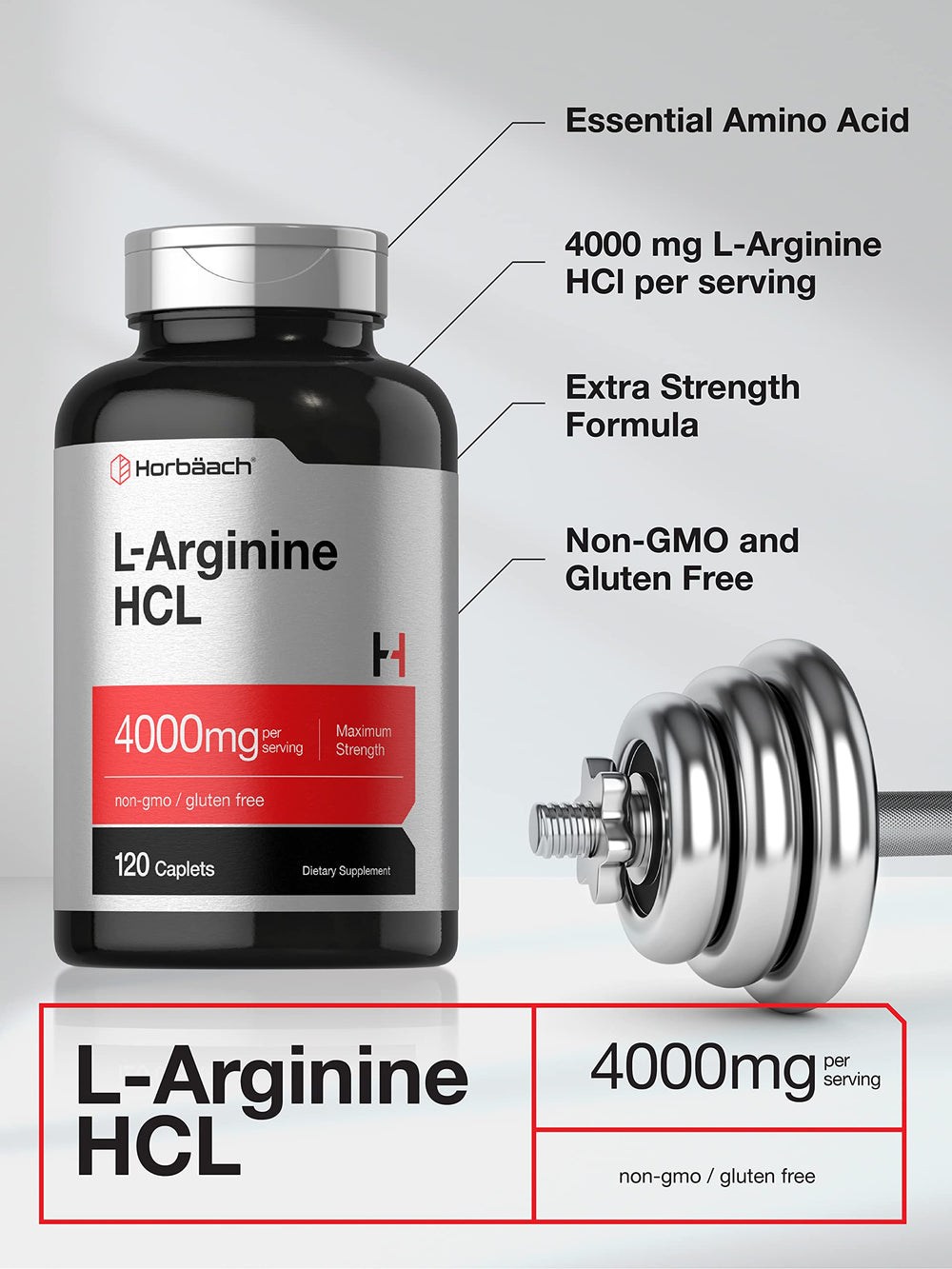 Horbäach L-Arginine 4000mg bottle label details including gluten-free and non-GMO notes.
