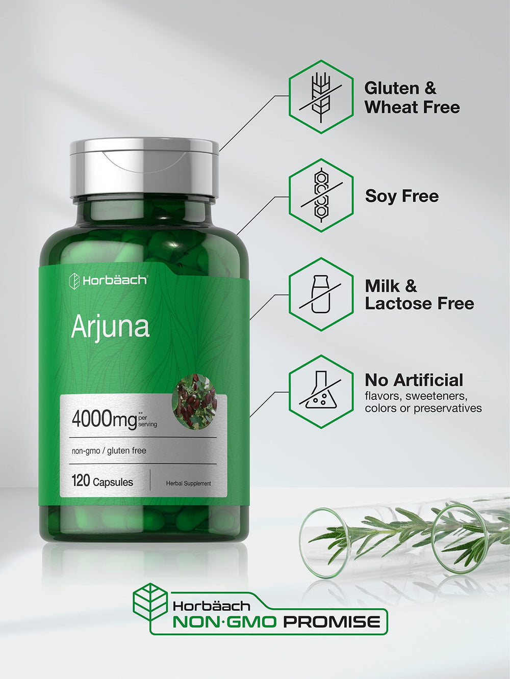 Arjuna bark extract imagery emphasizes natural herb-based wellness.