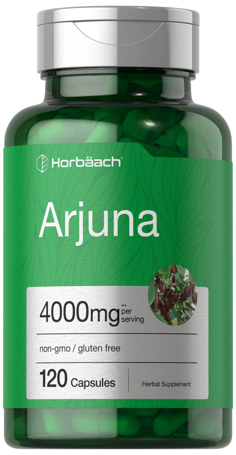 Horbaach Arjuna capsules bottle showcases gluten-free, non-GMO formula.