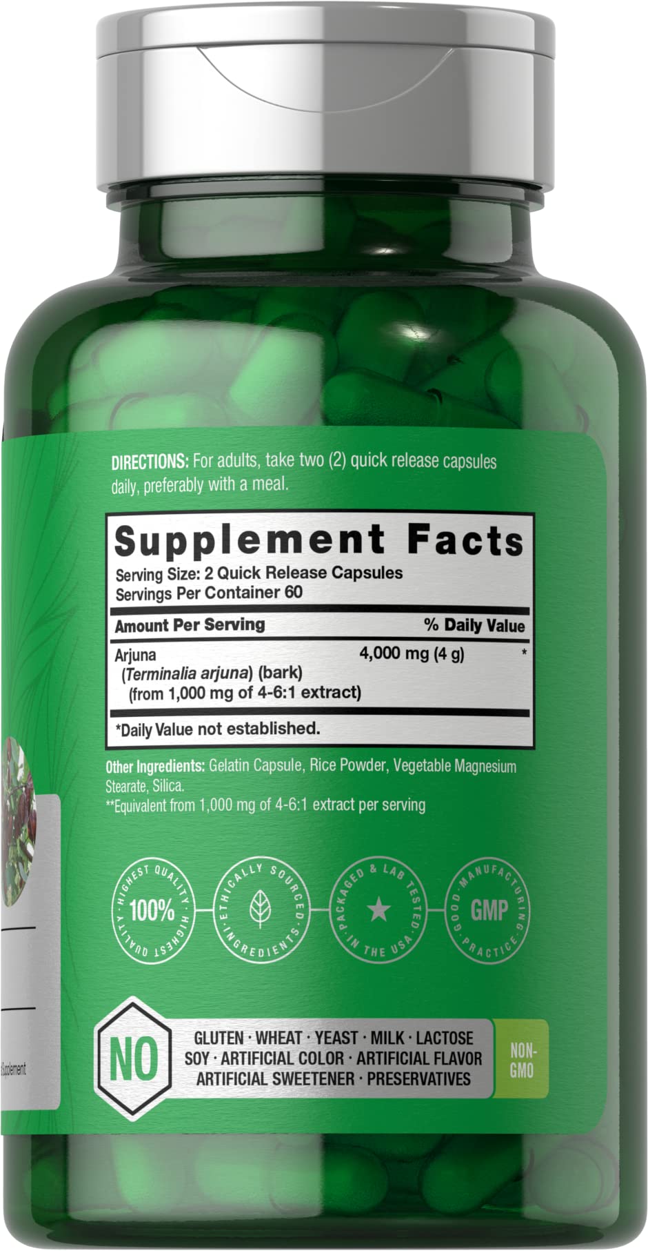 Horbaach Arjuna capsules label highlights 120 count and standardized potency.