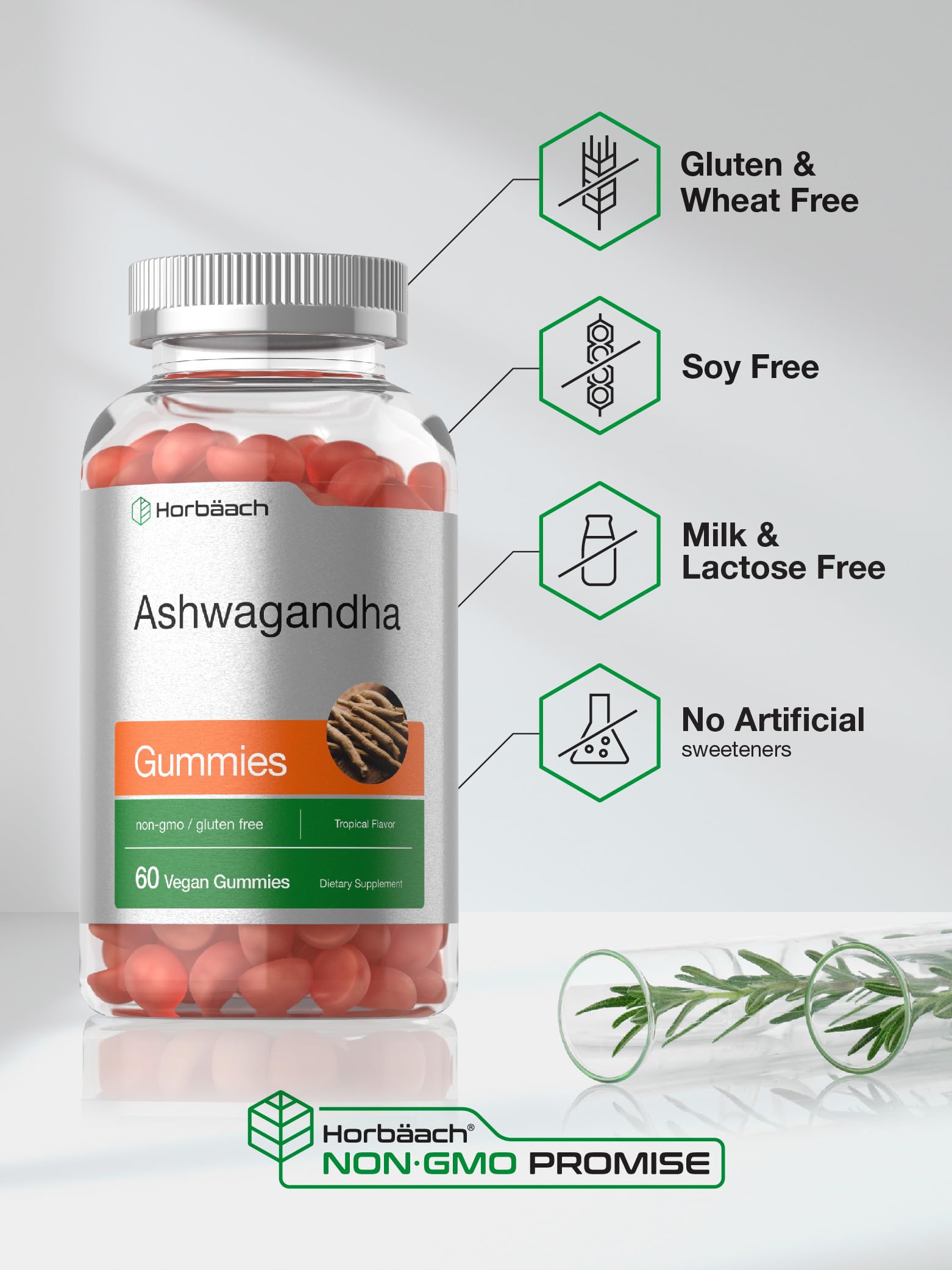 Horbäach Ashwagandha Gummies 60-count package shown for daily use.