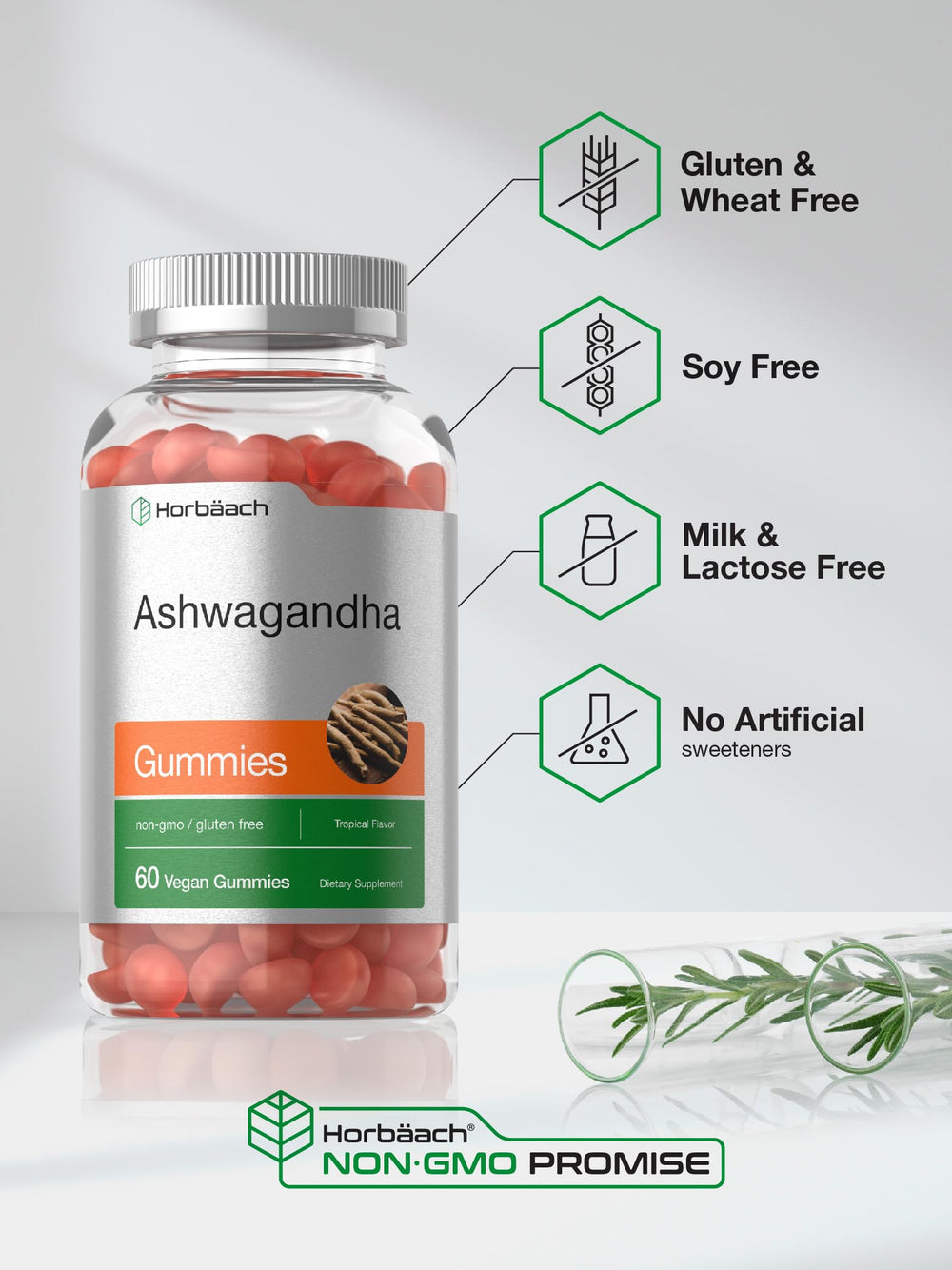 Horbäach Ashwagandha Gummies 60-count package shown for daily use.